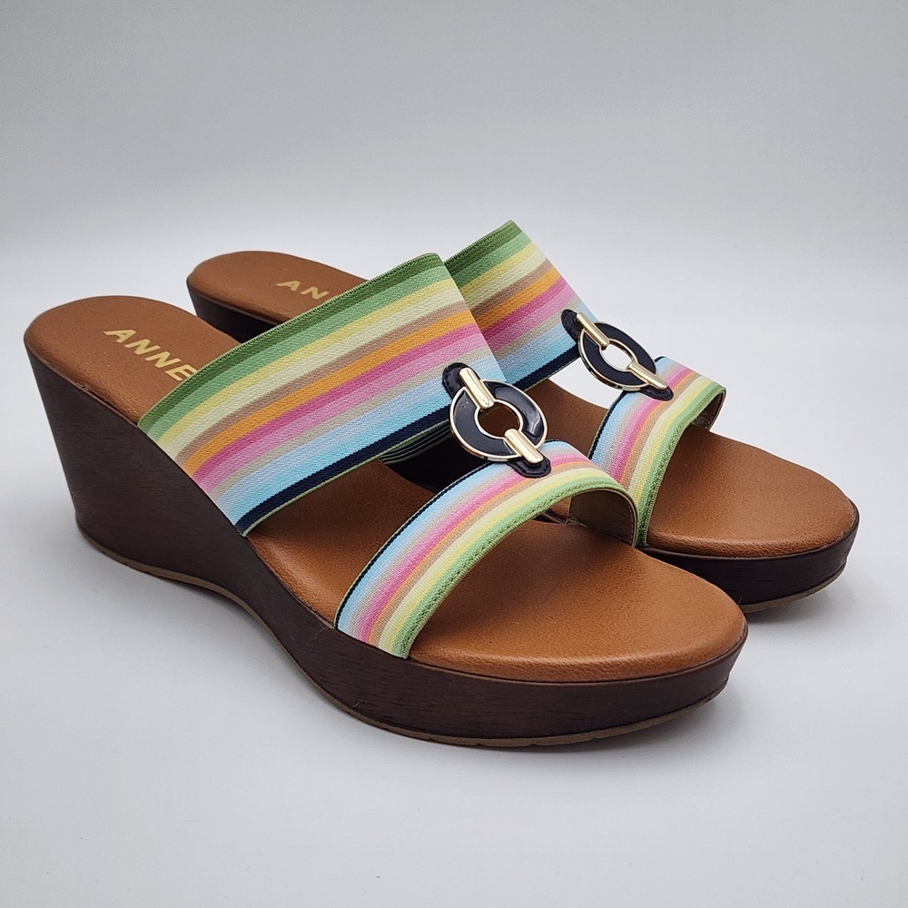 Anne Klein Womens Hadya Wedge Sandal Sz 9.5 Leather Brown Multi Striped Slip On